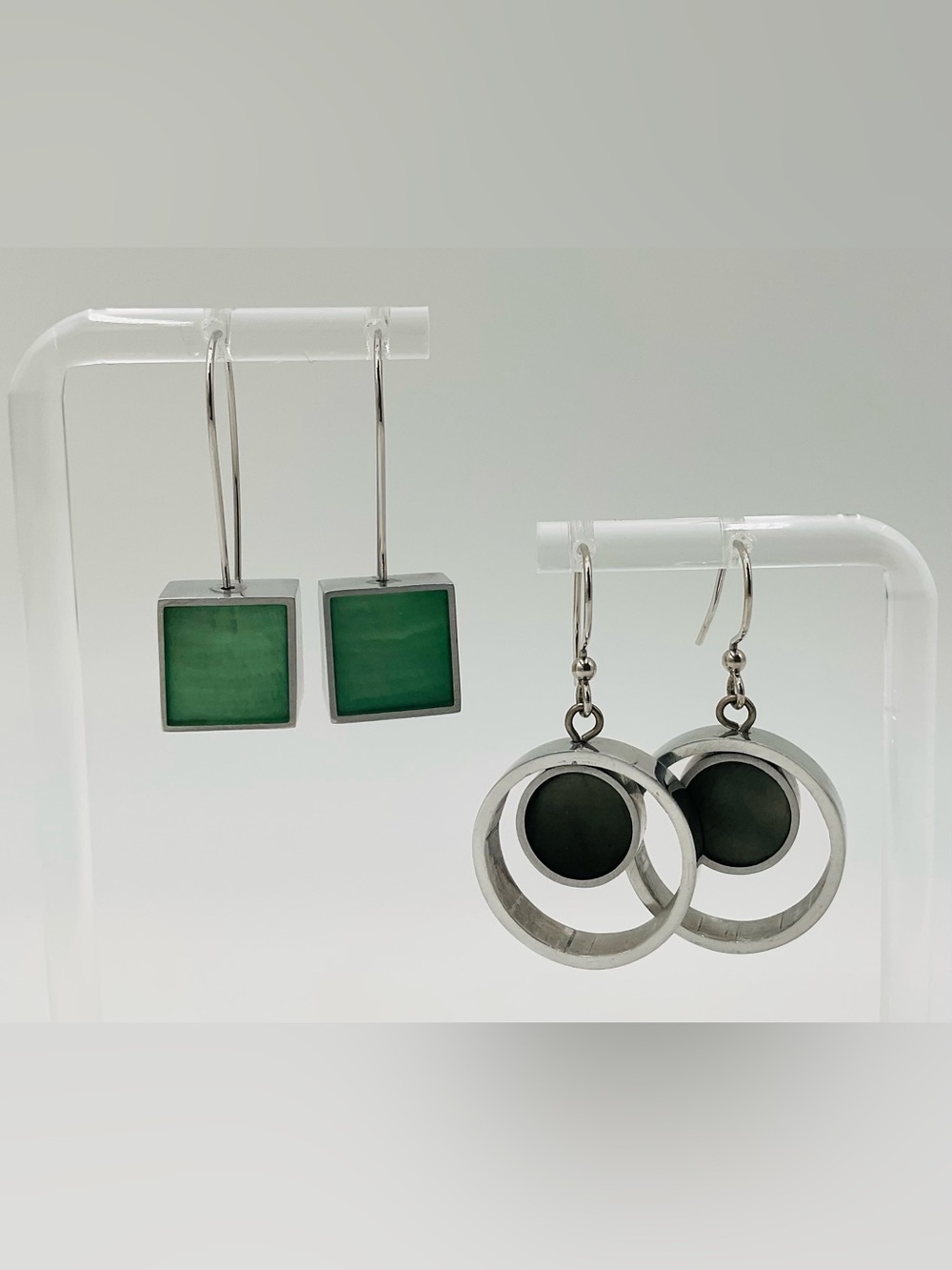 Set of Two Unique Silver Tone Dangle Earrings, Green Square and Concentric Hoop